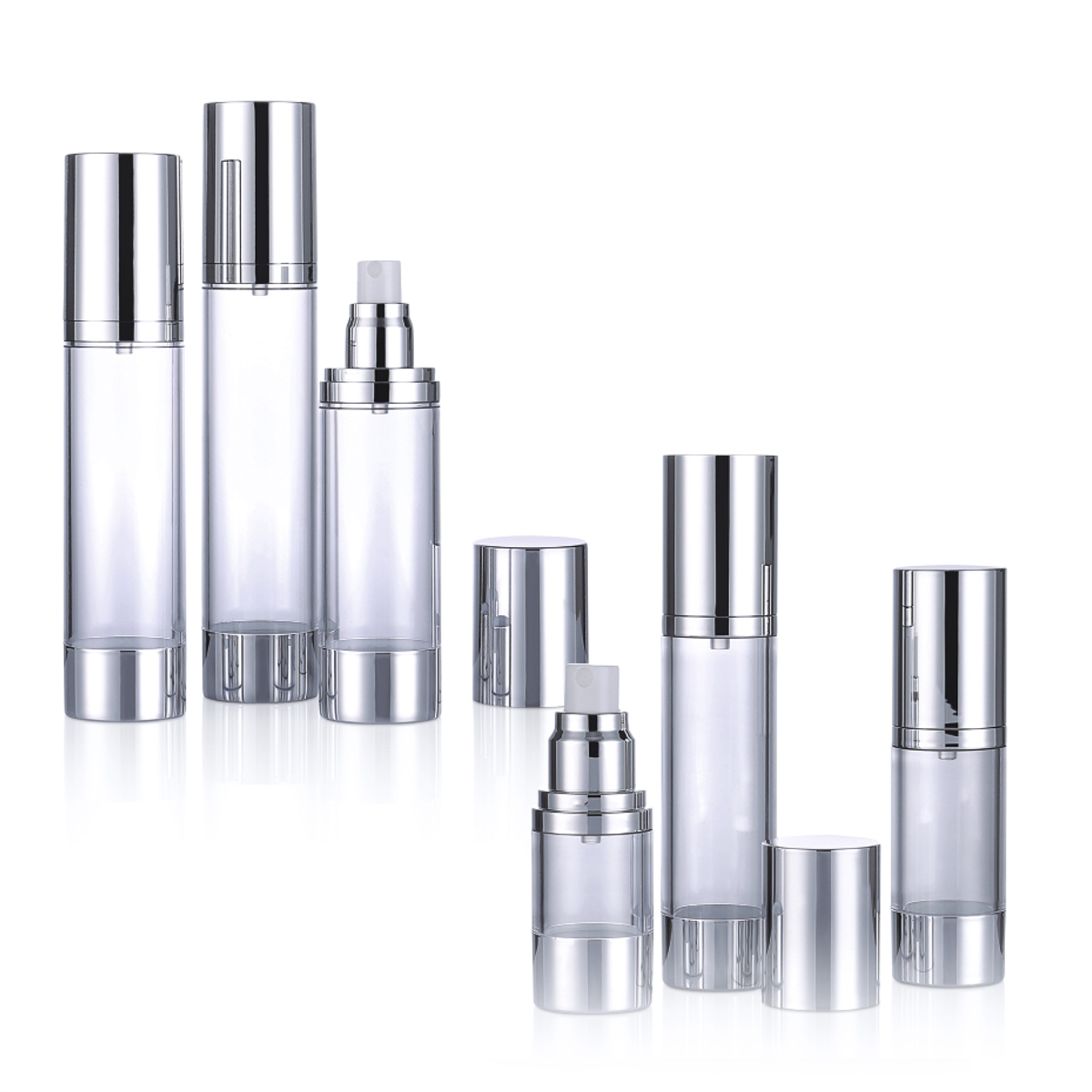 15 ml 30 ml 50 ml 80 ml 100 ml 120 ml nem kiömlött luxus átlátszó kozmetikai levegős krém szivattyú palack ezüst sapkával L04